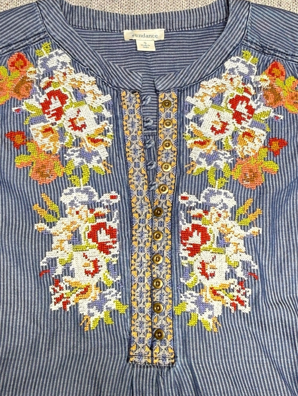 Sundance Blue Striped Embroidered Floral Tunic Top Small - Picture 2 of 12